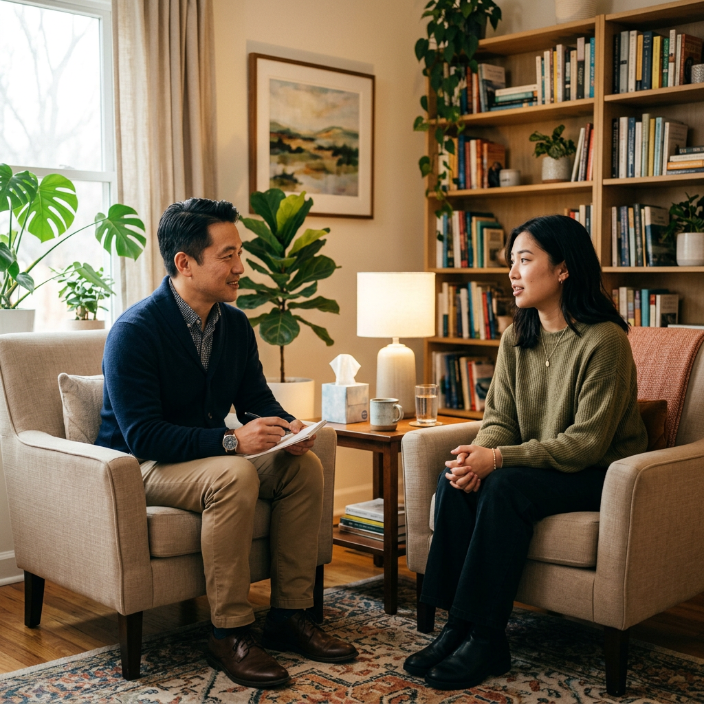 Therapist taking notes while talking with female client in home office