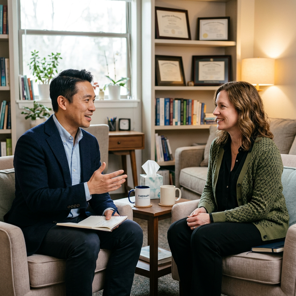 Therapist talking to a client in a cozy office with books and certificates