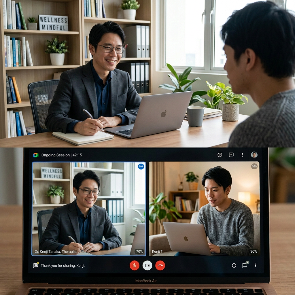 Virtual therapy session between therapist and client Therapist and client in virtual therapy session on laptop screen