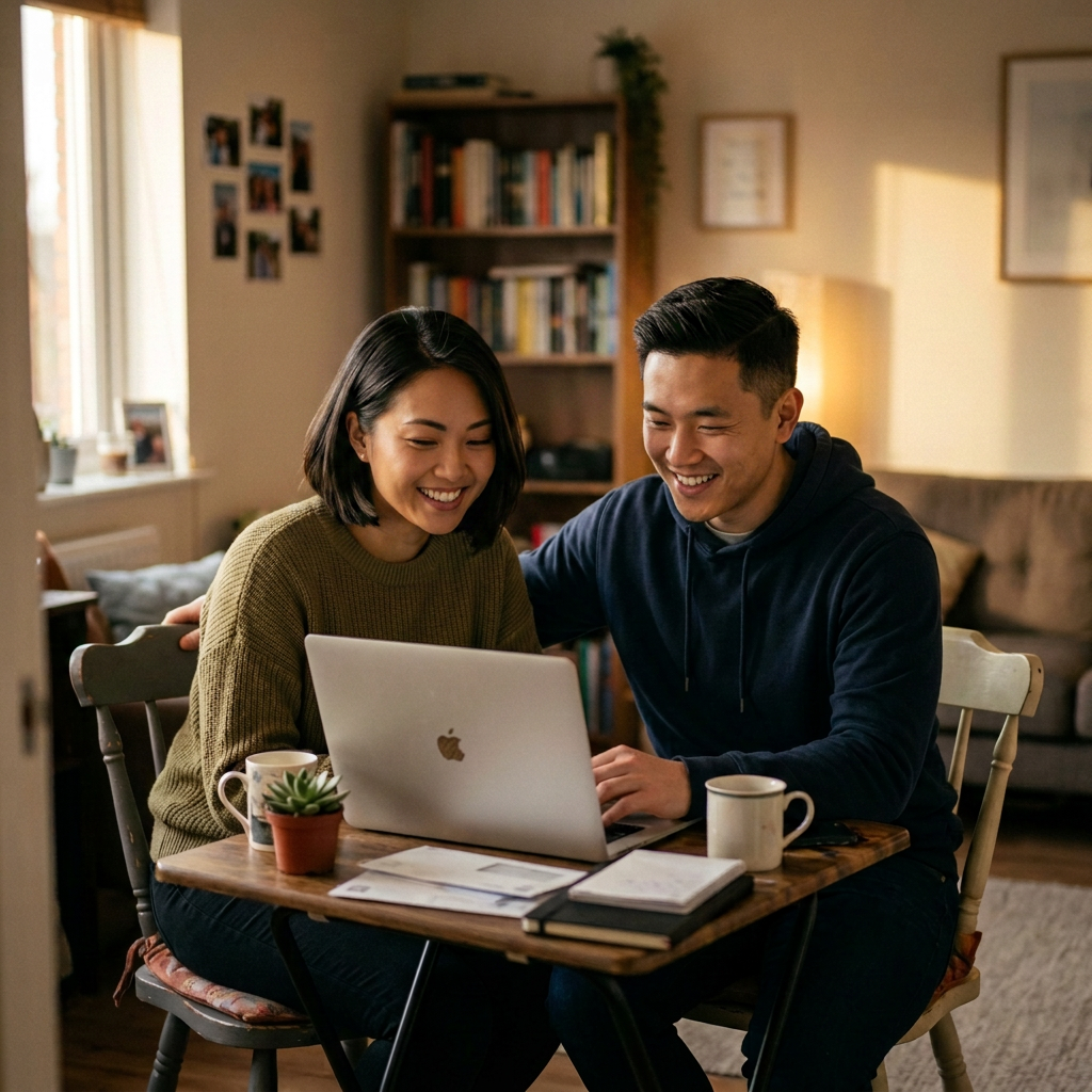 Couple working together at home Couple sitting at a table using a laptop with coffee mugs and notebooks