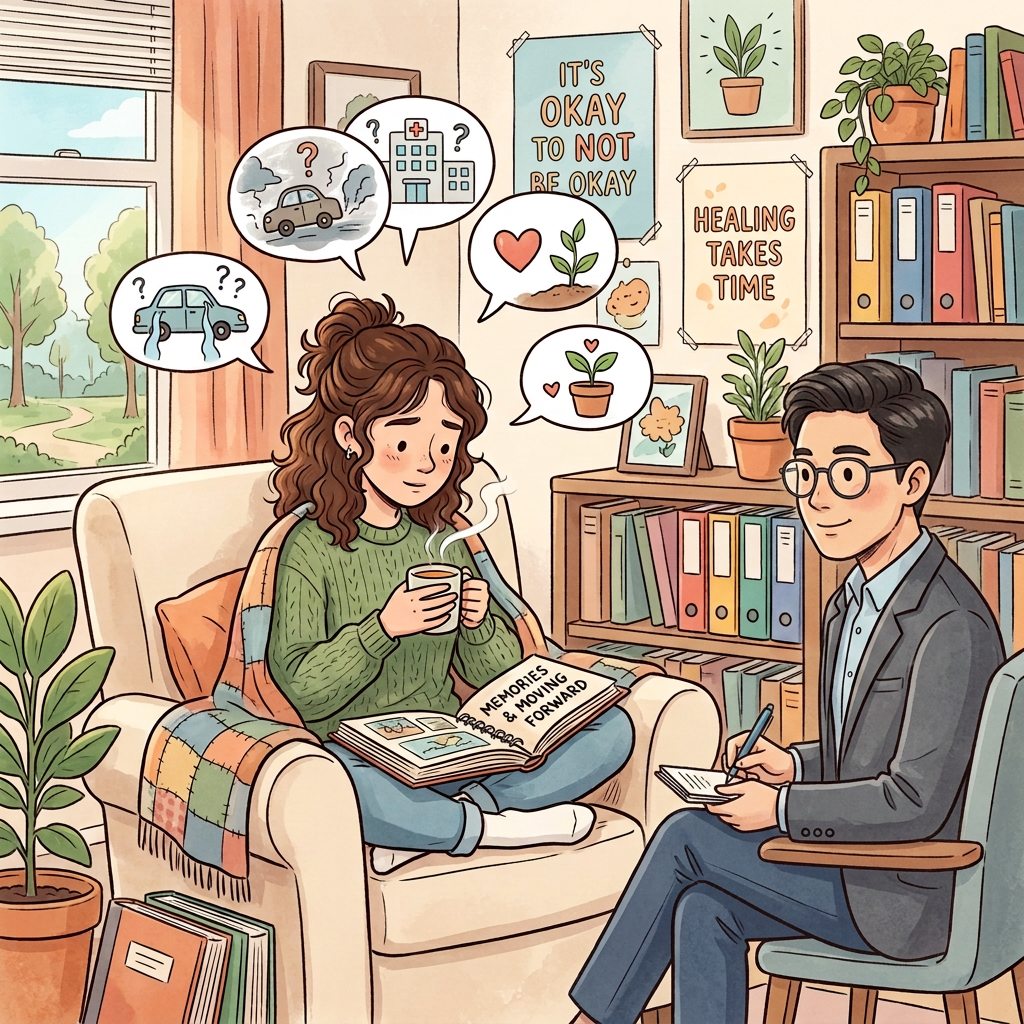 Supportive therapy session focused on healing Client and therapist discussing healing; signs read “IT’S OKAY TO NOT BE OKAY” and “HEALING TAKES TIME”; book reads “MEMORIES MOVING FORWARD.”